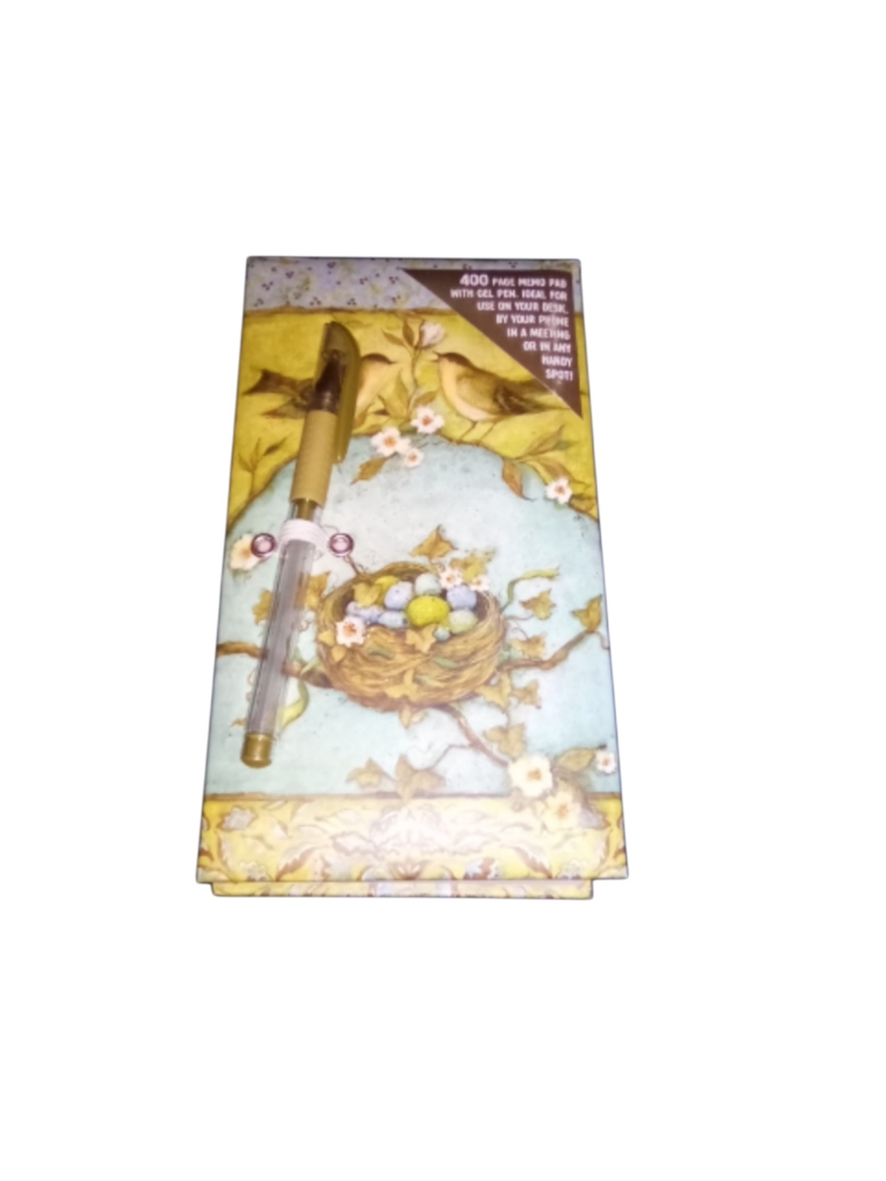 Birds & Nest Notepad with Gold Accent Pen - Pastel Blue & Yellow